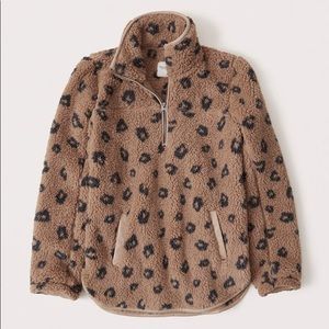 Abercrombie & Fitch Brown Leopard Print Sherpa Half-Zip Pullover